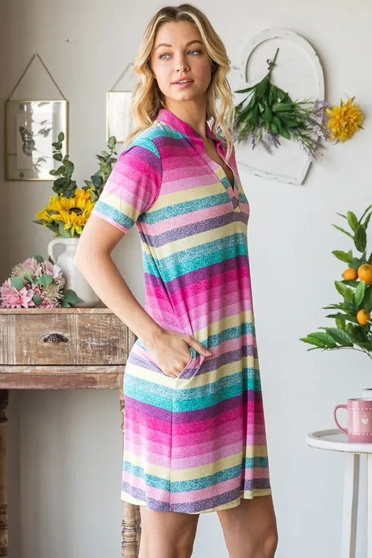 Heimish full-size striped short sleeve mini tee dress for plus size women, casual and stylish with colorful horizontal stripes.