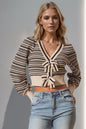 Striped bow decor cropped cardigan from Double Take, featuring full-size design and trendy style, in soft knit fabric.