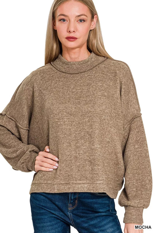 Zenana brushed melange Hacci cropped sweater in soft, cozy fabric, featuring a relaxed fit and stylish design.