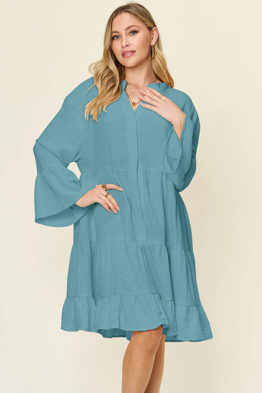 Plus size Double Take texture button-up dress with ruffle hem by Trendsi, featuring a full-size fit and stylish design.