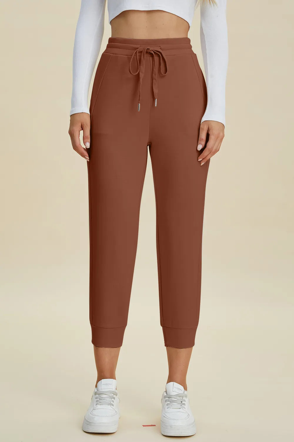 Trendsi Basic Bae Full Size Air Scuba Cropped Pants with high waist, drawstring, and relaxed fit in a lightweight fabric.