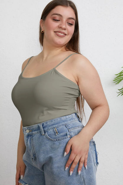 Full-size Basic Bae slim cami with round neck, plus size, black, soft fabric, displayed on a hanger.