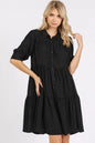 Trendsi Mittoshop button detail collared neck tiered shirt dress with long sleeves and a relaxed fit, displayed on a hanger.