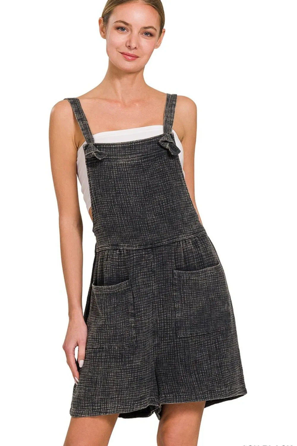 Zenana woven double gauze acid washed romper with a relaxed fit, featuring a soft, lightweight fabric and casual style.