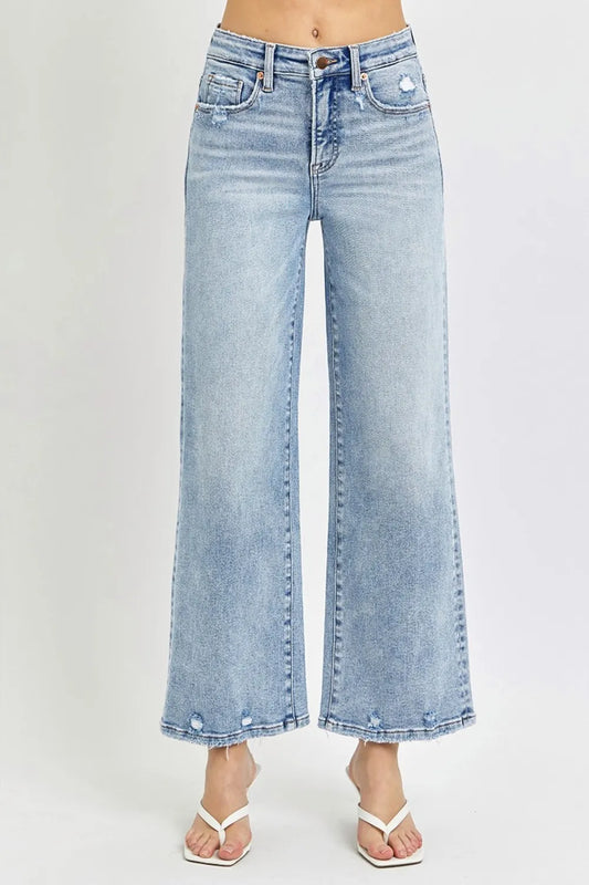 Risen high-rise wide-leg jeans with tummy control, full size, crop length in denim, featuring a stylish fit and modern design