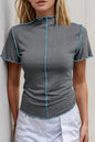 Trendsi Basic Bae mock neck casual top with wave edge, contrast stitching, ruffle short sleeves, slim fit, casual style.