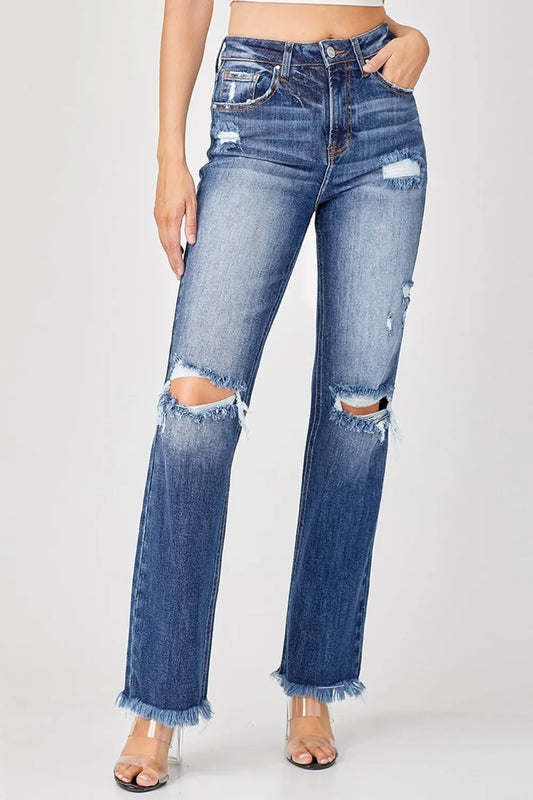 Risen full size raw hem distressed straight jeans from Trendsi, featuring a rugged denim look with frayed hems and classic fit.