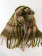 Polyester plaid scarf with fringe detail, trendy fashion accessory from Trendsi, shown draped on a neutral background