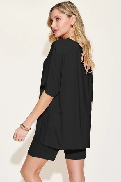 Basic Bae bamboo full size V-neck drop shoulder T-shirt and shorts set by Trendsi, shown in a relaxed casual style.