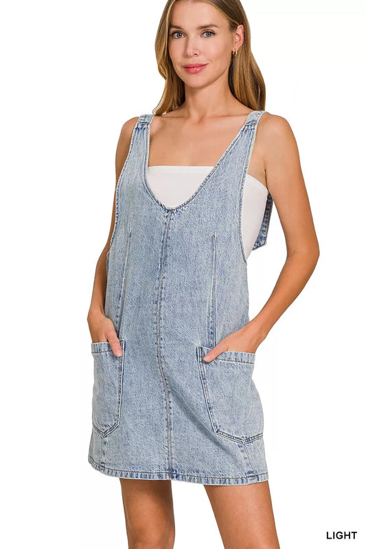 Zenana denim overall dress with front pockets, casual style, featuring adjustable straps and a relaxed fit.