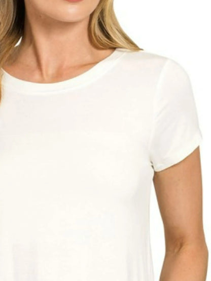 Light blue Zenana rayon short sleeve T-shirt with a flowy fit and round hem, featuring a casual, comfortable design.