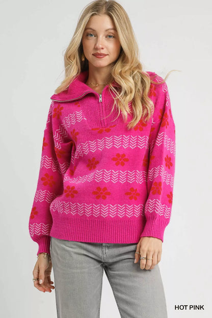 Umgee floral patterned jacquard quarter-zip pullover sweater with intricate floral design and cozy fit.