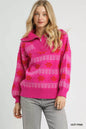 Umgee floral patterned jacquard quarter-zip pullover sweater with intricate floral design and cozy fit.