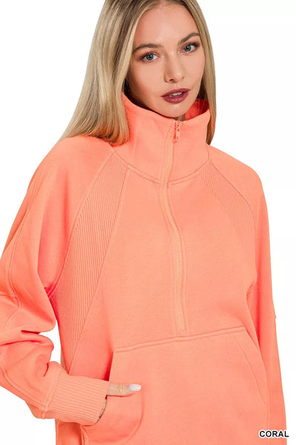 Zenana half zip fleece sweatshirt with kangaroo pocket, cozy and casual, in soft fabric, perfect for layering and comfort.