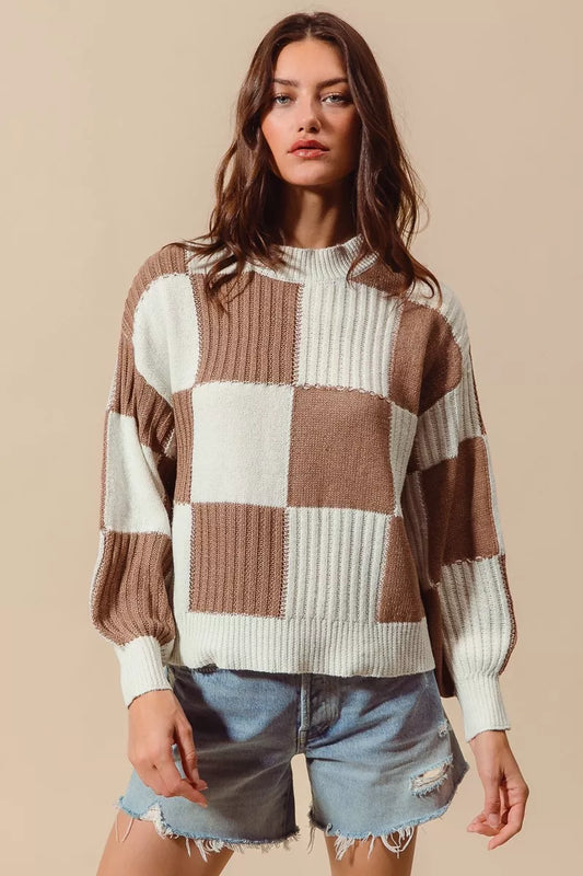 Trendsi SO ME ribbed color block checkered plaid sweater featuring bold red, black, and white pattern, cozy knit fabric, and fitted design.