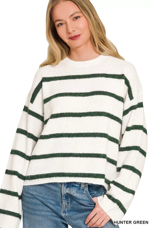 Zenana wool blend striped sweater featuring cozy, multicolor horizontal stripes and a classic fit for casual wear.