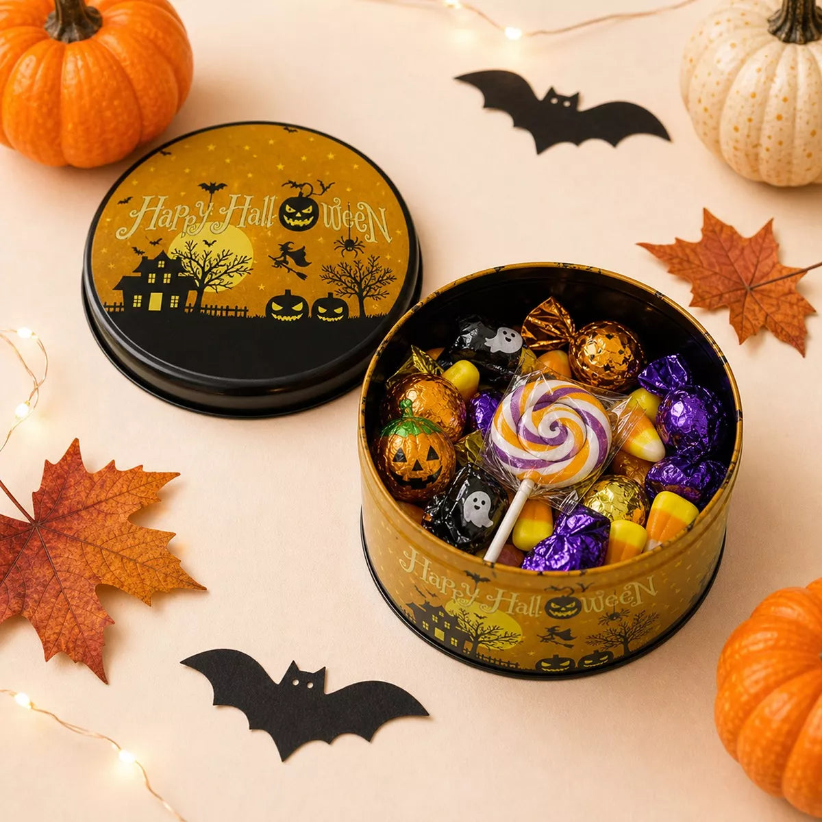 Halloween decorative metal candy tin with spooky black and orange design, perfect for festive treats and party decor.