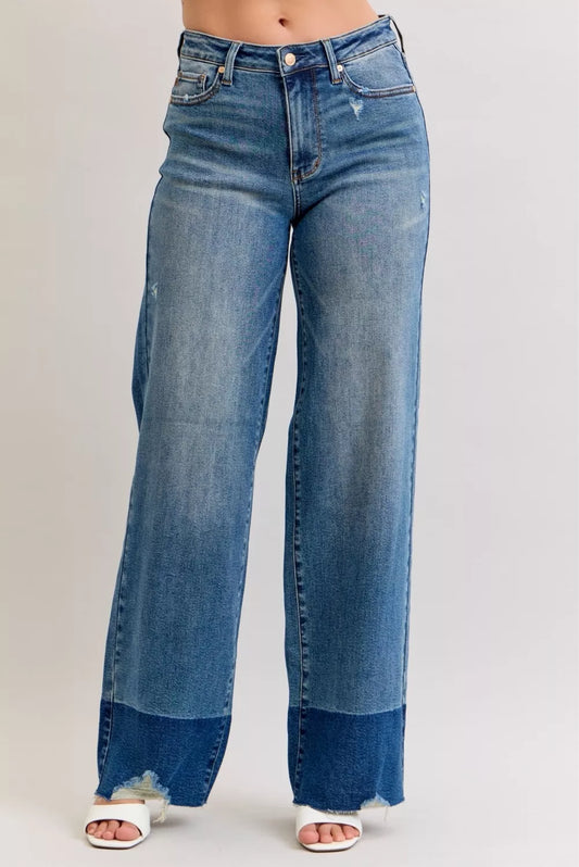 Judy Blue raw hem high waist column straight jeans shown in dark denim with a fitted high-rise waist and straight leg cut.