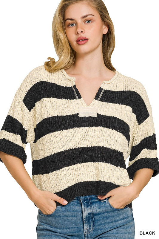 Zenana split neck stripe sweater with long sleeves and relaxed fit, featuring a stylish striped pattern in soft knit fabric.