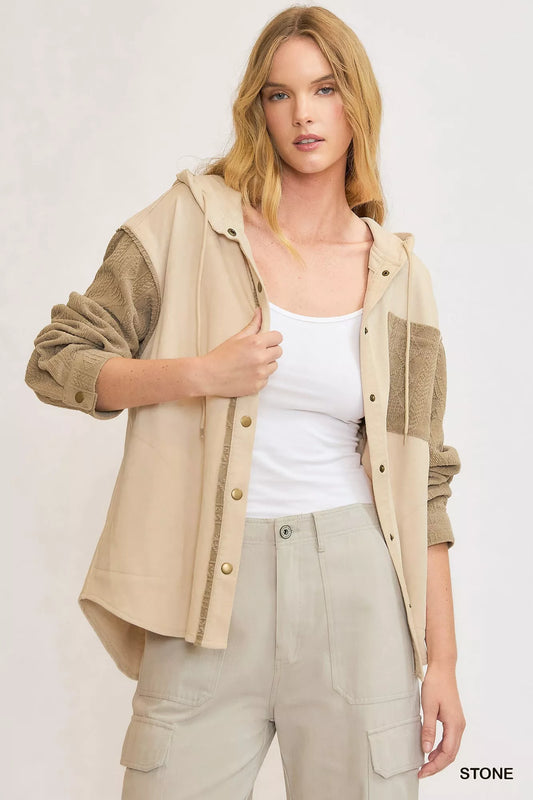Umgee washed French Terry shacket in neutral tones, featuring a relaxed fit with button-front and oversized collar.