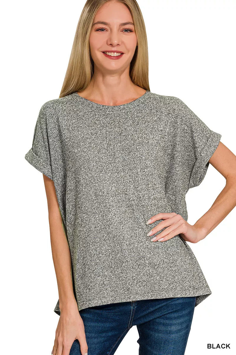 Soft melange Hacci short sleeve top by Trendsi featuring a round neck and relaxed fit, ideal for casual wear.