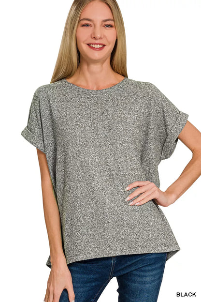 Soft melange Hacci short sleeve top by Trendsi featuring a round neck and relaxed fit, ideal for casual wear.
