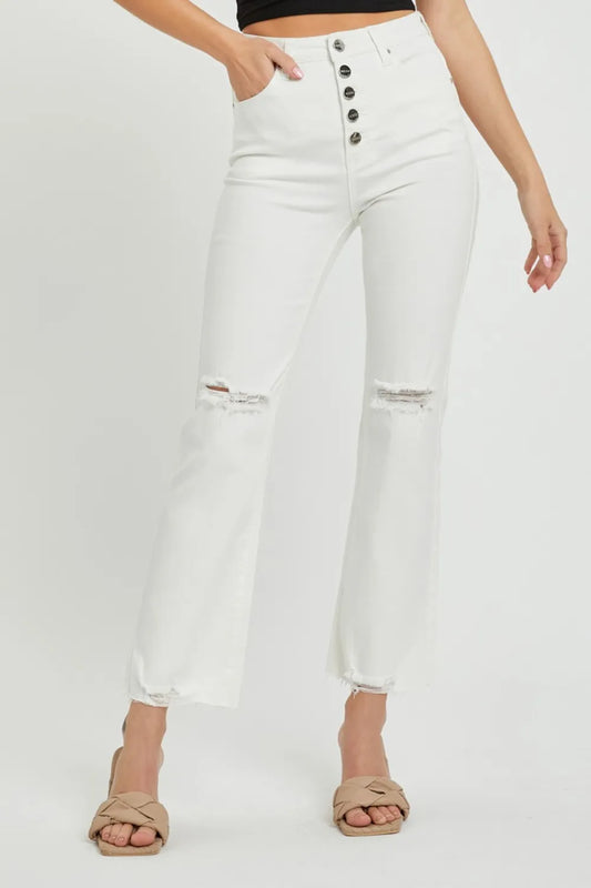 Risen full size high rise button fly straight ankle jeans in denim, featuring classic five-pocket design and ankle-length cut