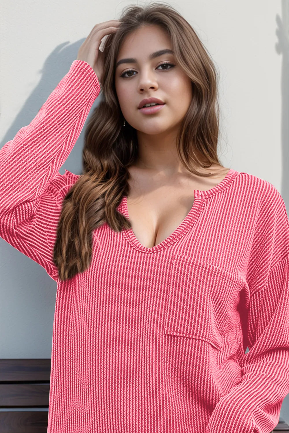 Striped notched long sleeve T-shirt by Trendsi featuring a stylish double take design and comfortable fit.