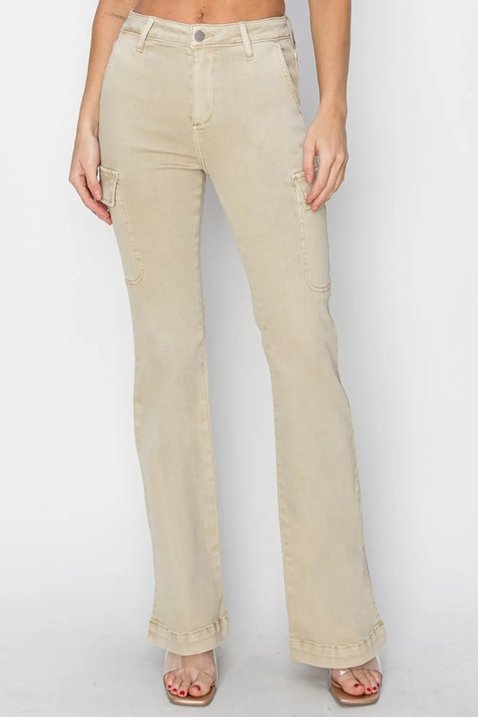 Risen full size high rise side slit cargo bootcut jeans in denim with relaxed fit and functional pockets, displayed on a model.