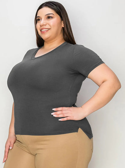 Basic Bae full-size V-neck high-low T-shirt by Trendsi, featuring a relaxed fit and stylish V-neck design.