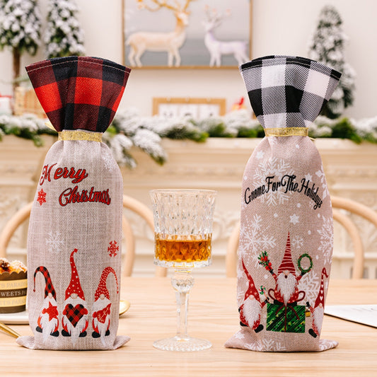 Two Christmas plaid wine bottle covers by Trendsi, featuring festive red and green patterns with a cozy holiday design.