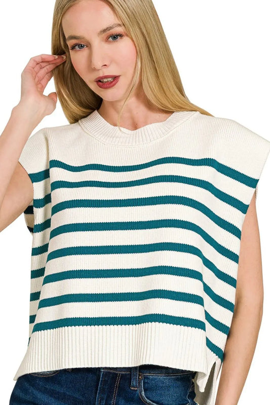 Oversized Zenana crew neck stripe sweater vest with blue and white horizontal stripes, casual and comfortable fit.