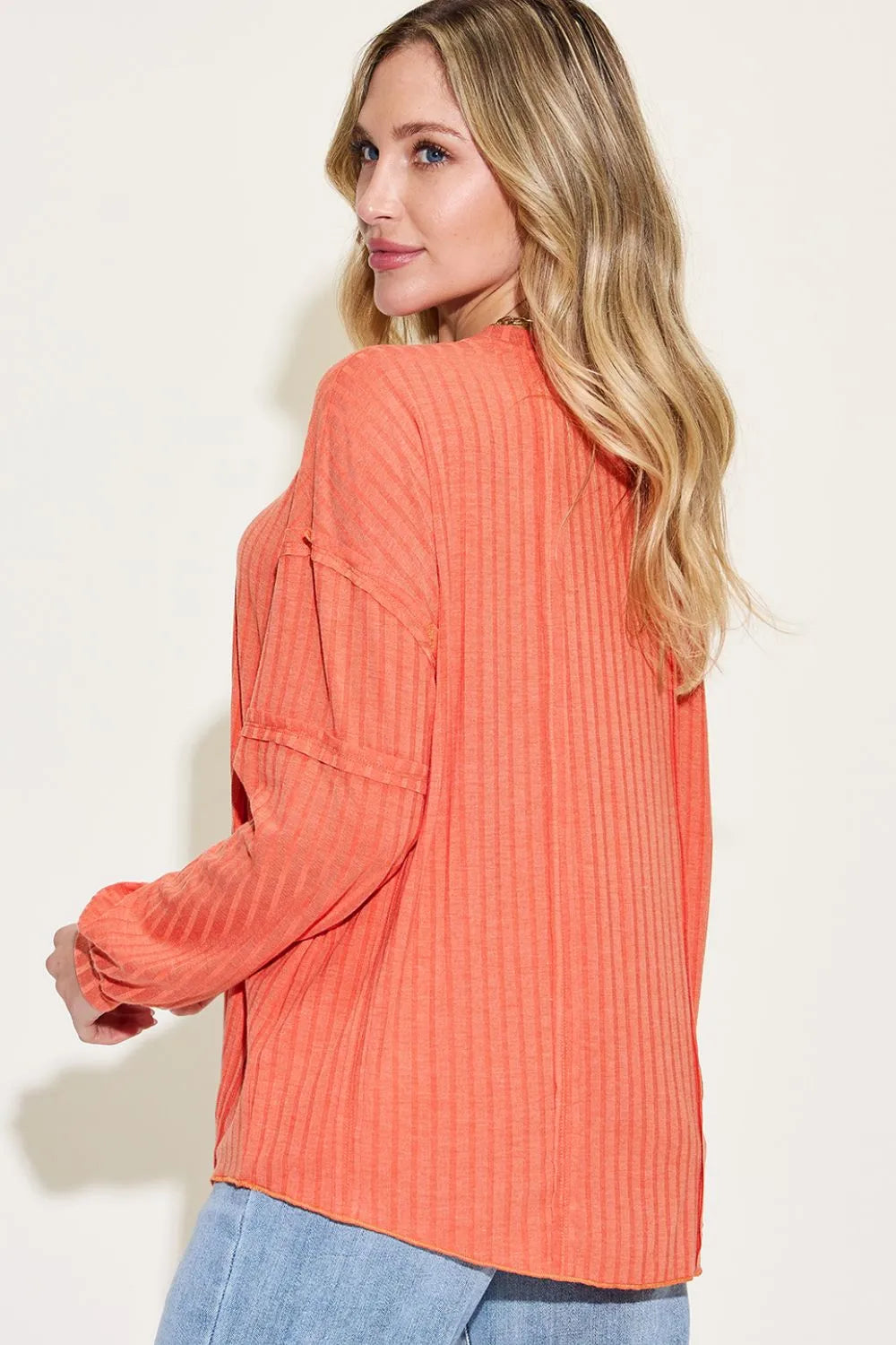 Ribbed round neck long sleeve T-shirt by Trendsi, basic full size Bae in versatile style, shown in neutral color with ribbed fabric