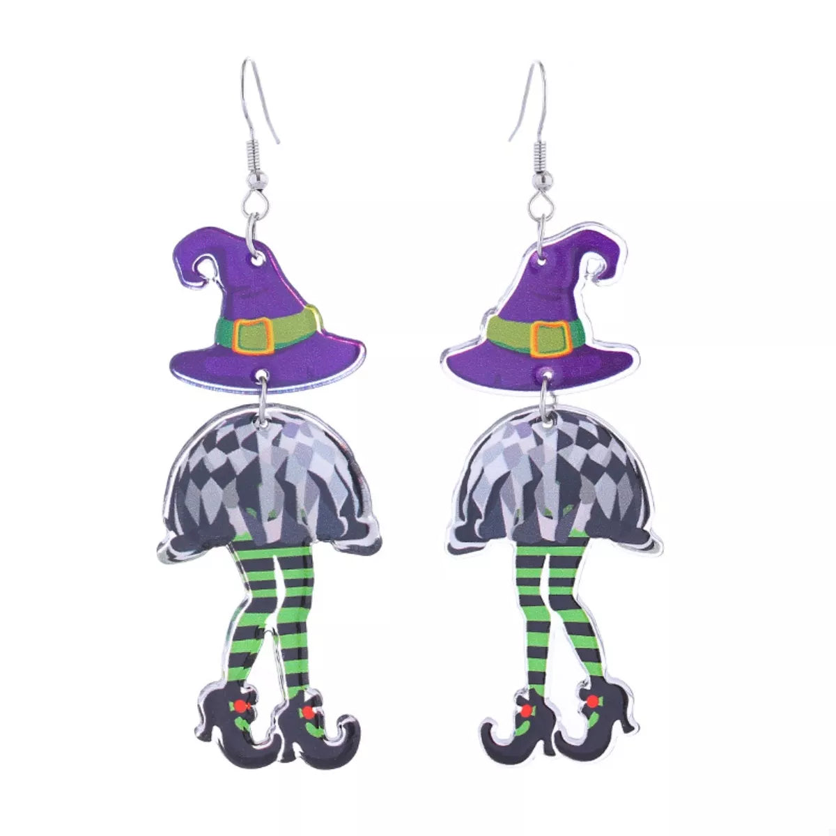 Halloween witch hat and legs dangle earrings featuring black hat and tiny dangling legs, perfect for spooky costume accessories.