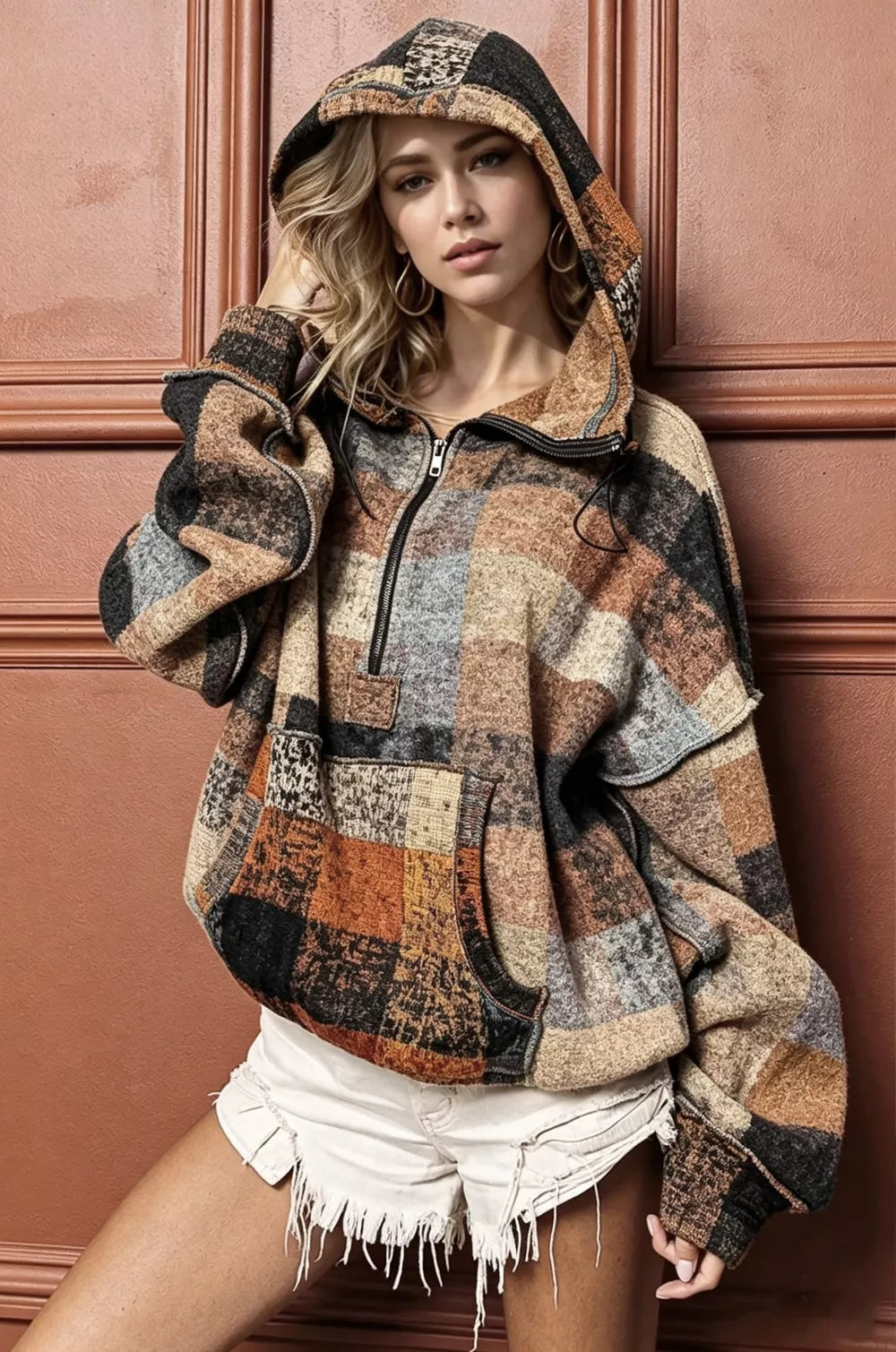 Trendsi Double Take full-size fleece hoodie with half-zip and exposed seam, showcasing soft fleece fabric and stylish design.
