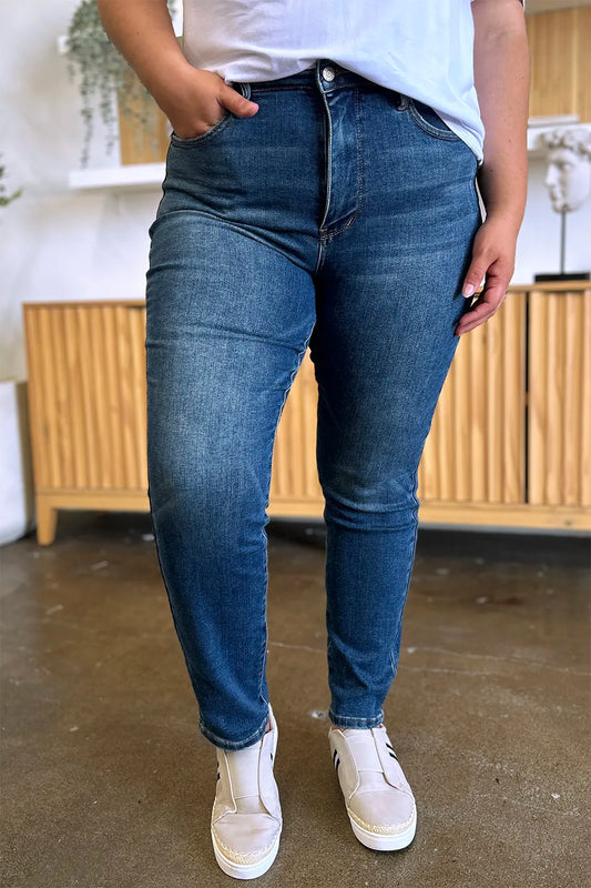 Judy Blue high waist slim jeans with tummy control, full size, featuring a dark wash and classic five-pocket design.