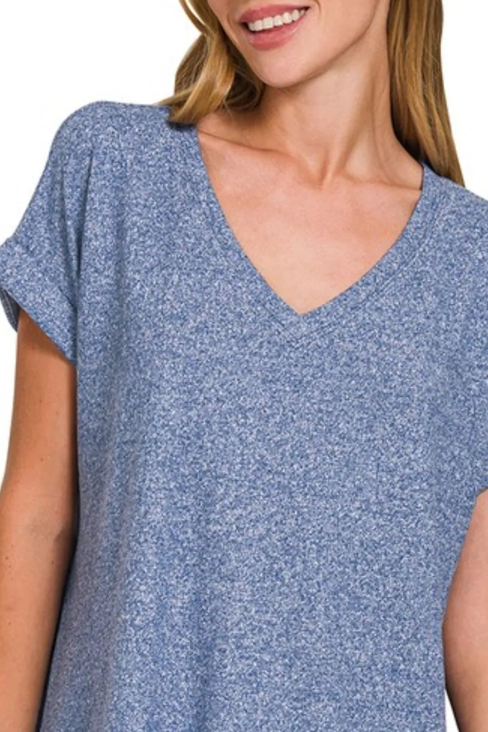 Soft melange Hacci V-neck tee by Zenana, showcasing a comfortable, casual fit with a relaxed neckline and cozy fabric.