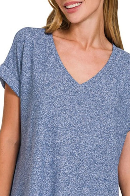 Soft melange Hacci V-neck tee by Zenana, showcasing a comfortable, casual fit with a relaxed neckline and cozy fabric.