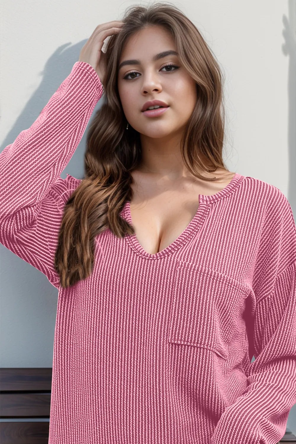 Striped notched long sleeve T-shirt by Trendsi featuring a stylish double take design, displayed on a mannequin.