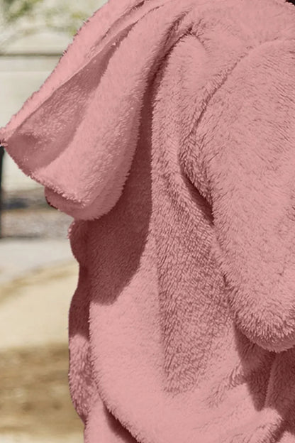 Full size teddy hooded jacket with front pockets, cozy and stylish, by Trendsi. Soft, plush fabric with a hood and practical pockets.