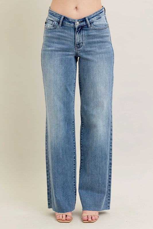 Plus size Judy Blue V-front baggy jeans featuring a relaxed fit and casual style, shown in the image with a full-length view.