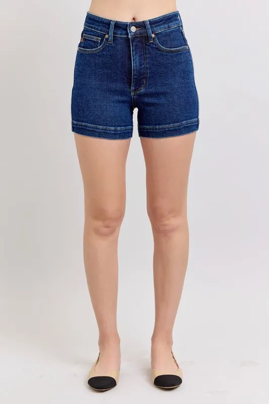 Plus size Judy Blue high waist denim shorts with tummy control, featuring a stylish fit and classic denim wash.