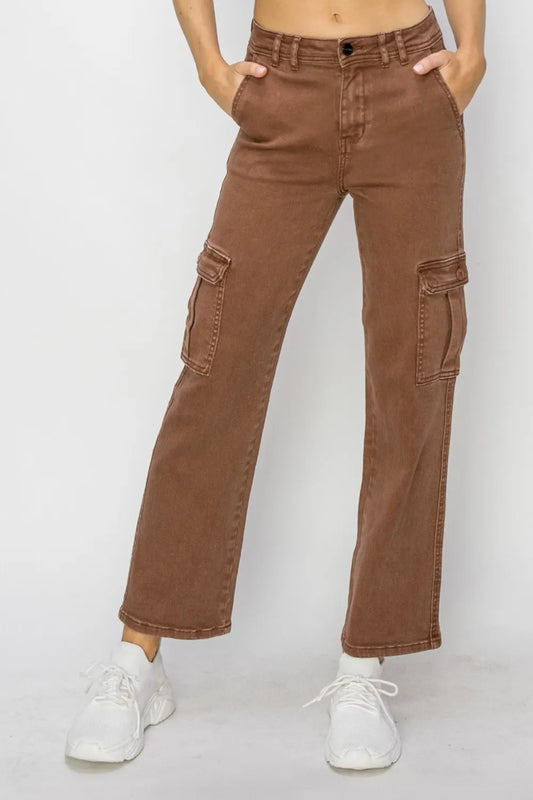Risen full size high rise cargo jeans by Trendsi, featuring multiple pockets, relaxed fit, and classic denim wash.