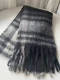 Trendsi fringe plaid polyester scarf with tassels, featuring a colorful plaid pattern and soft fabric for stylish warmth.
