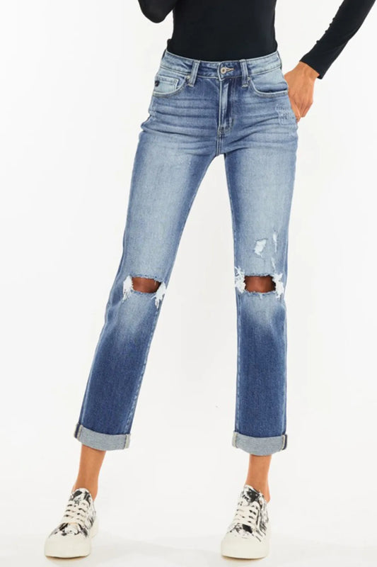 Kancan high waist distressed hem cropped straight jeans by Trendsi, showing front view with frayed hem and classic denim texture.