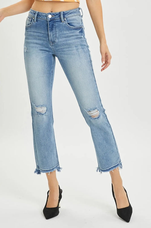 Risen high-rise distressed cropped straight jeans from Trendsi, showcasing a faded denim look and relaxed fit.