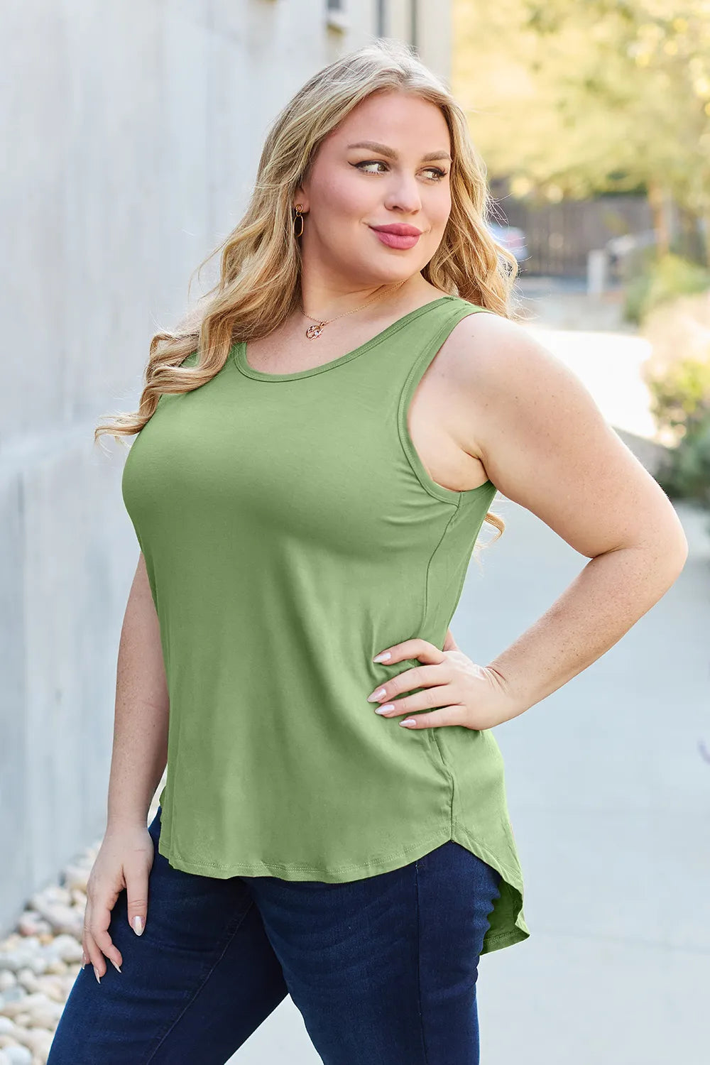 Trendsi Basic Bae Bamboo full-size round neck tank top in natural bamboo fabric, front view showing soft, lightweight material