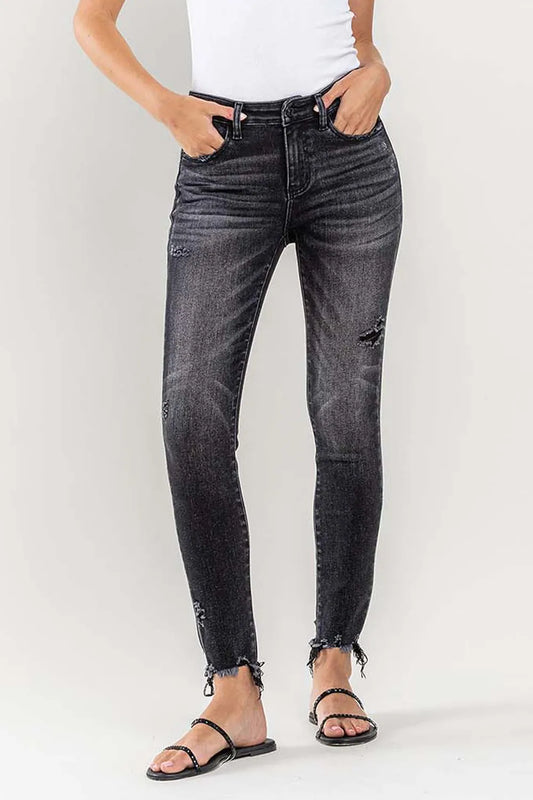 Lovervet Raw Hem Cropped Skinny Jeans by Trendsi featuring distressed denim and a fitted, cropped silhouette.