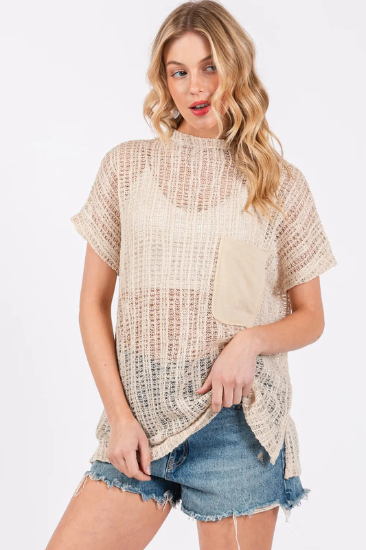 Trendsi Ces Femme see-through crochet mock neck cover-up featuring intricate crochet pattern and lightweight, breathable fabric.