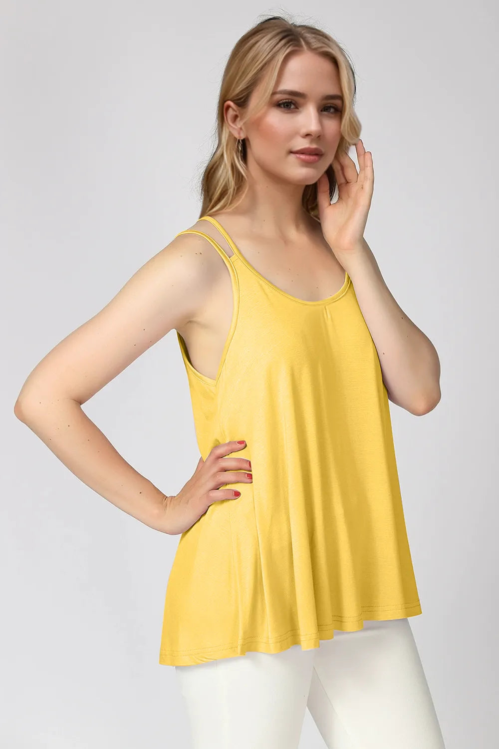 Basic Bae bamboo cami with scoop neck and double spaghetti straps, Trendsi, showcasing its lightweight, soft fabric and stylish fit.